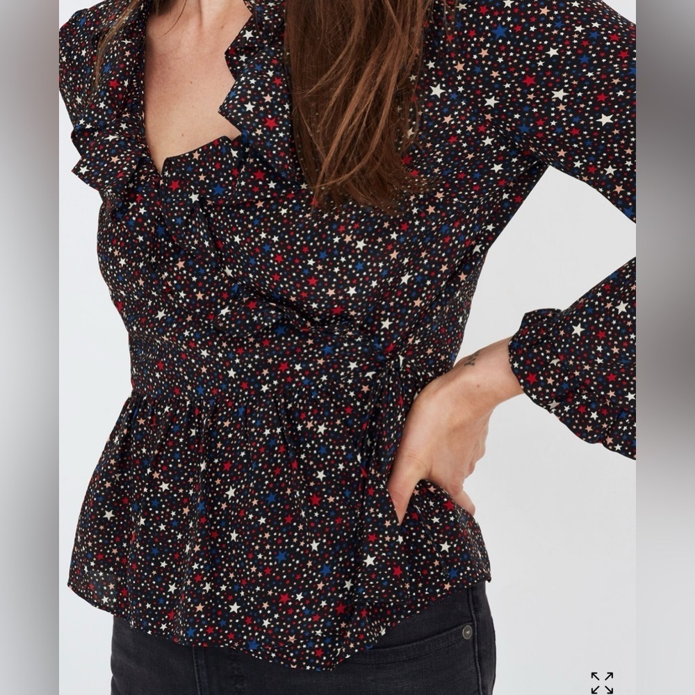 Madewell Women’s Size Medium Silk Ruffle Hem Wrap Top Starry Night  Blouse Black